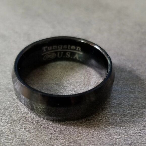 Men's Real Black Tungsten Wedding Ring  - Black Wedding Band For Guys Step Edges - Picture 4 of 5